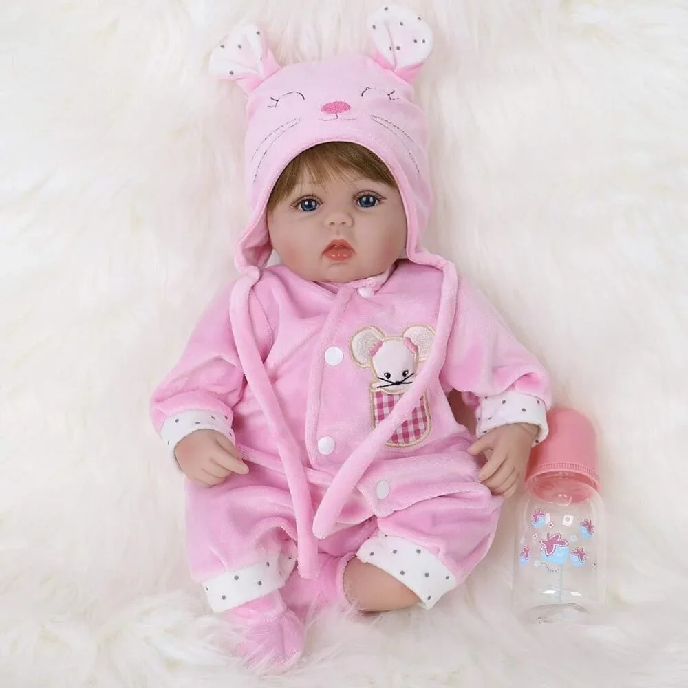 🆕16nch Soft Cloth Body Newborn Baby Doll Poseable Limbs Pink Mouse Doll Girl